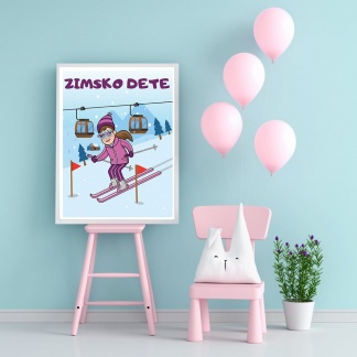 Poster za dečiju sobu devojčice. Zimsko dete skijanje
